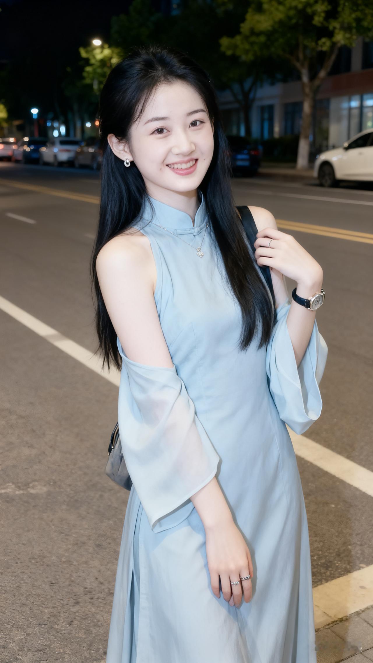 夜晚街头的优雅蓝裙少女，微笑如月光般迷人。