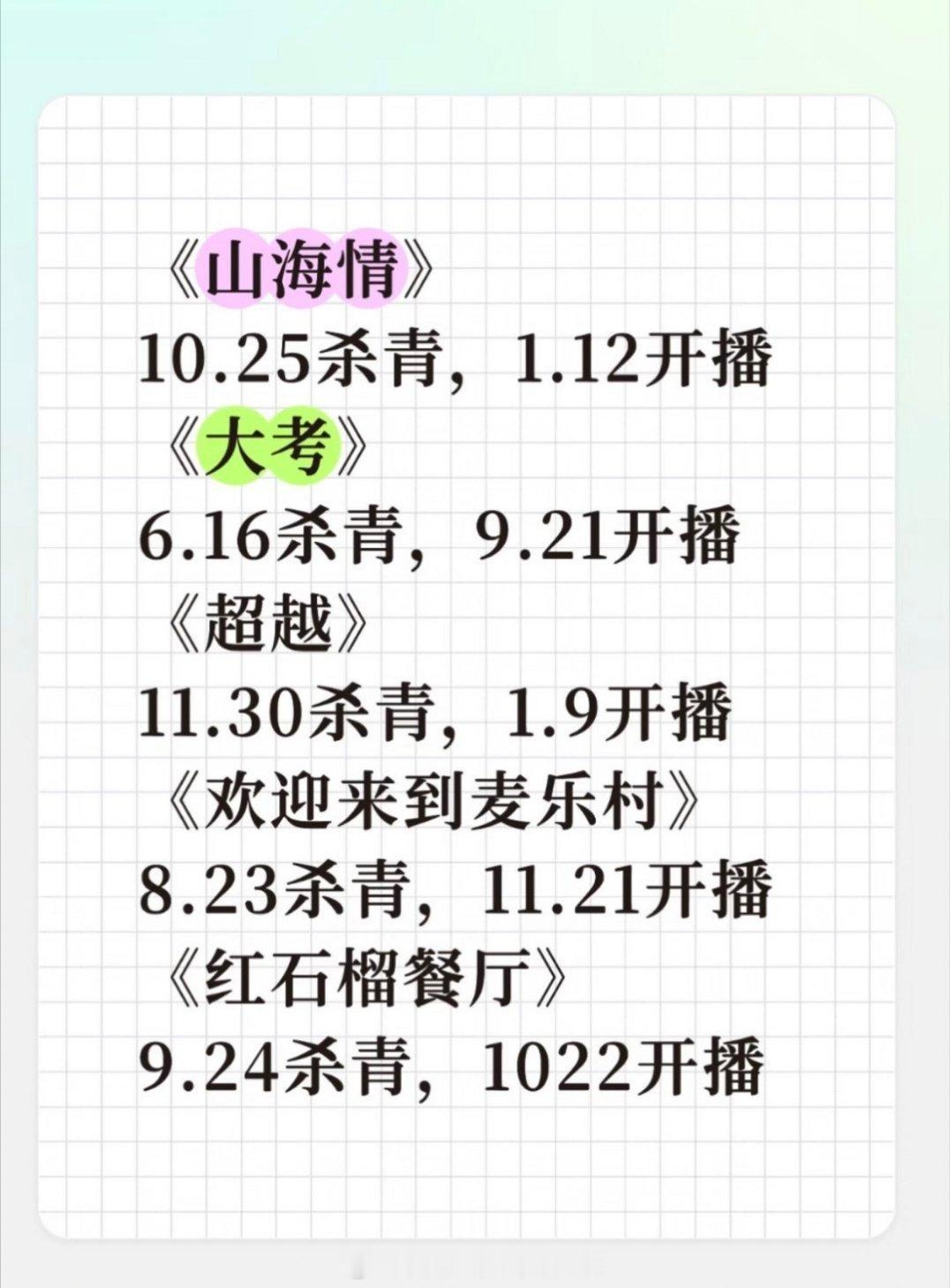 网友总结部分剧集杀青到开播间隔天数：白宇帆《红石榴餐厅》27天李庚希《超越》39