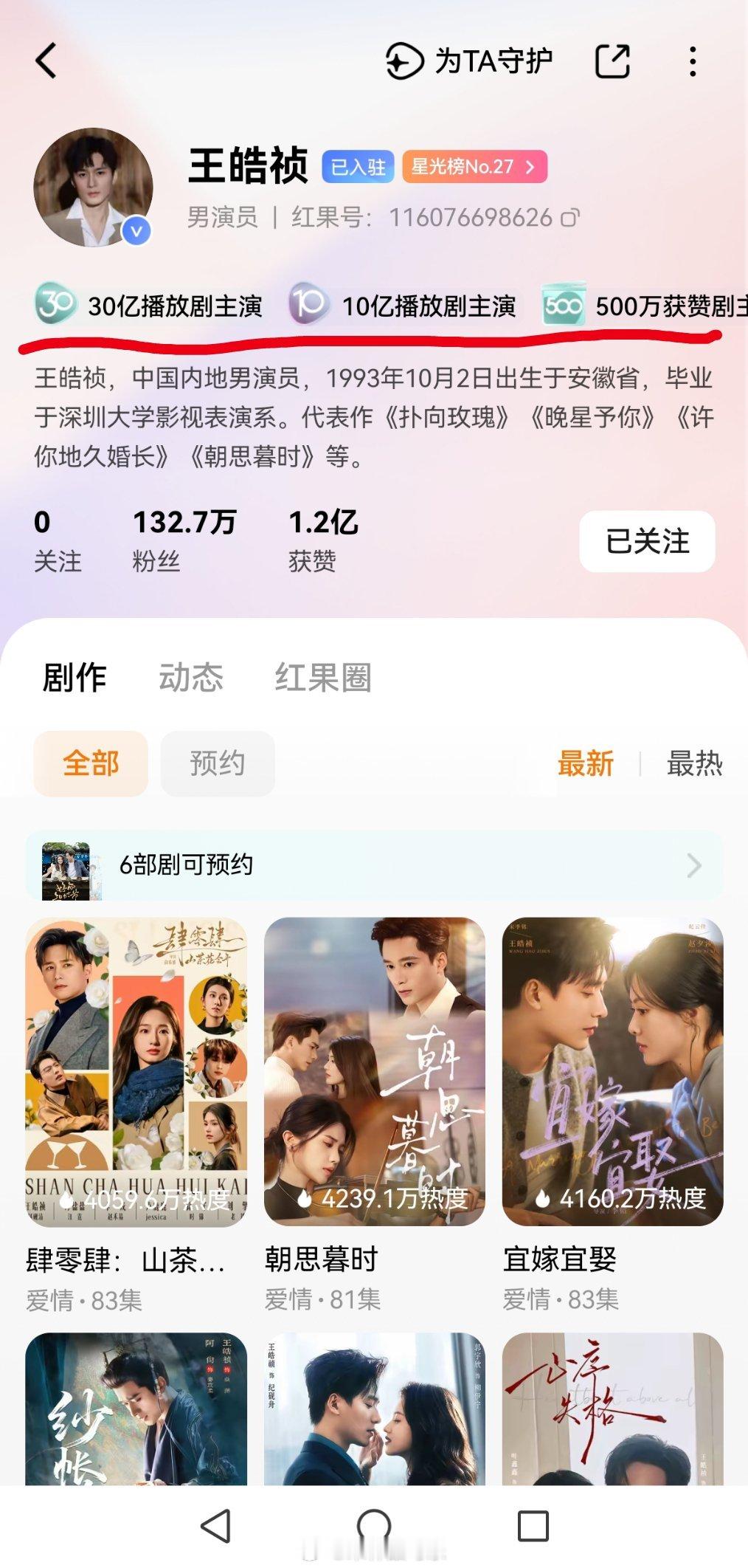 红果演员主页可以查看成就了 这个功能很方便，播放量到没到10亿一看便知 