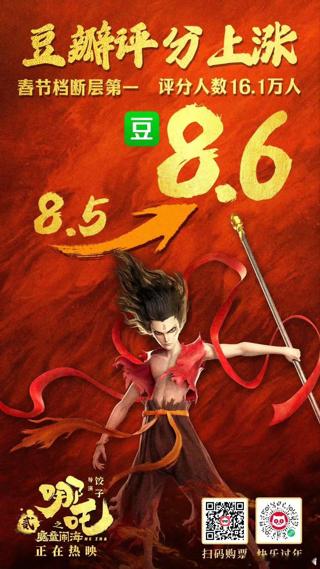 哪吒2豆瓣升至8.6 大年初三，《哪吒之魔童闹海》票房断层领先，豆瓣分也由开分时