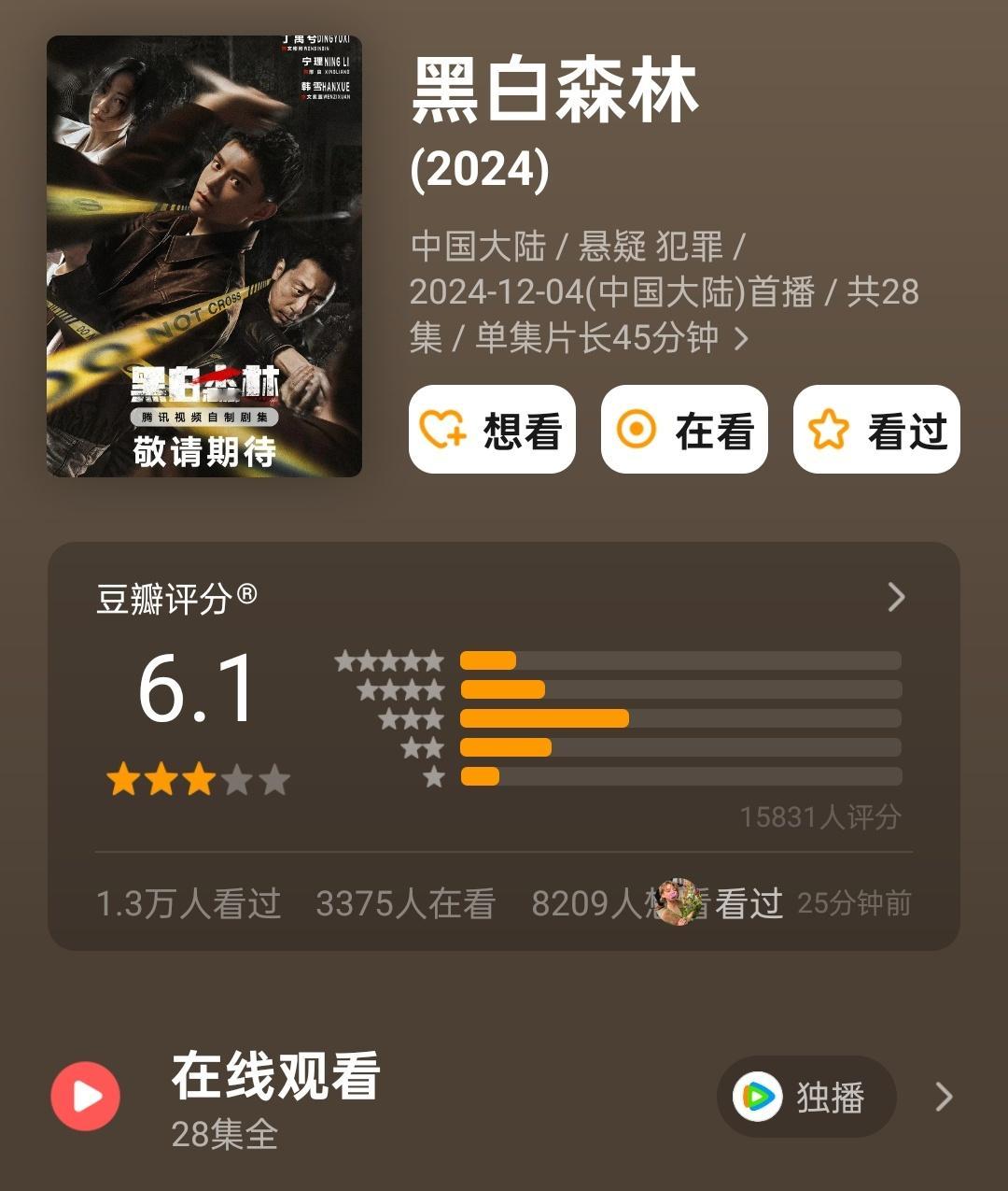 黑白森林豆瓣开分6.1 丁禹兮 宁理《黑白森林》豆瓣开分6.1，打分人数1.5万