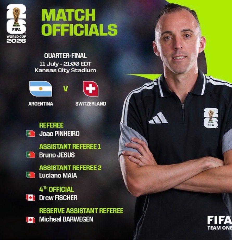 FIFA官方公布：阿根廷vs瑞士的世界杯1/4决赛的裁判信息，裁判团队来自葡萄牙