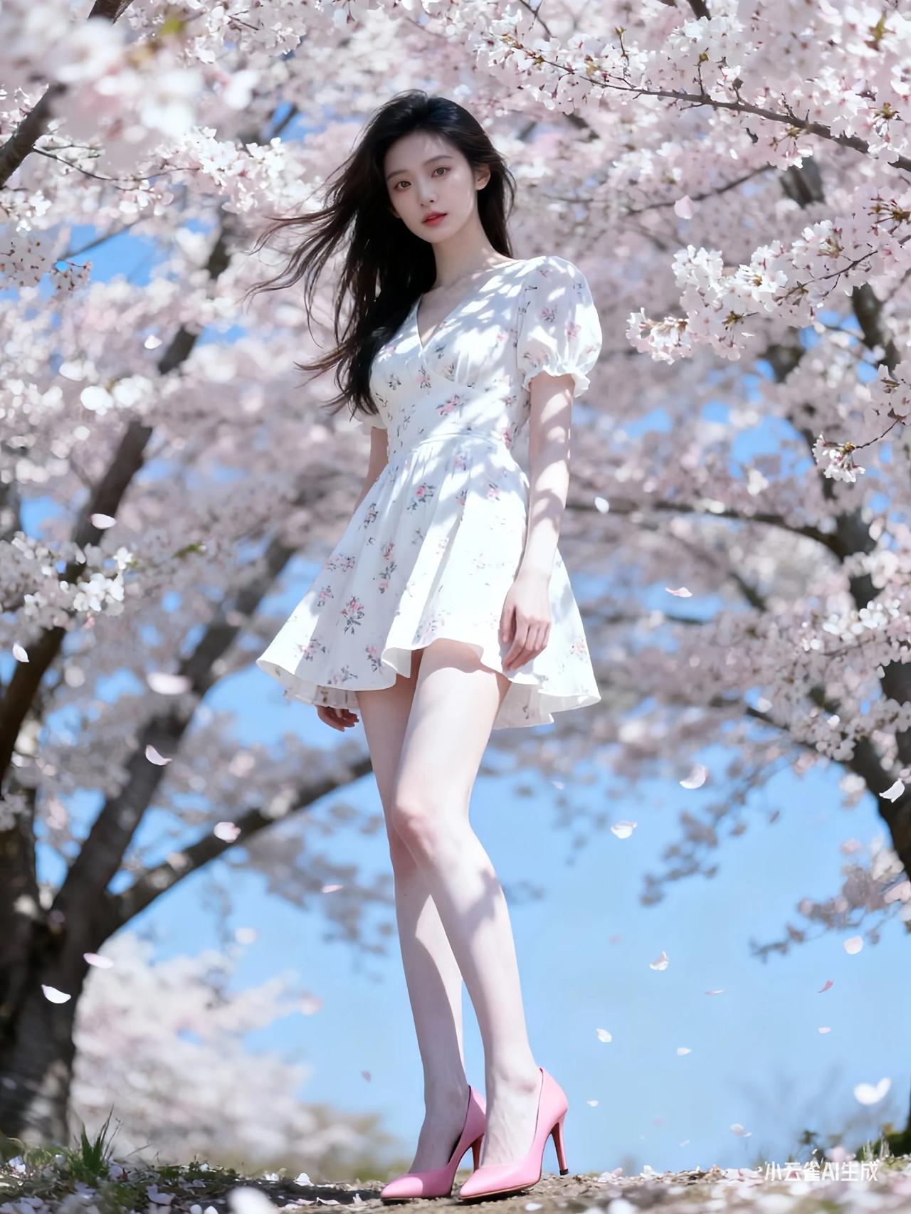 樱花树下，她穿着粉色高跟鞋。