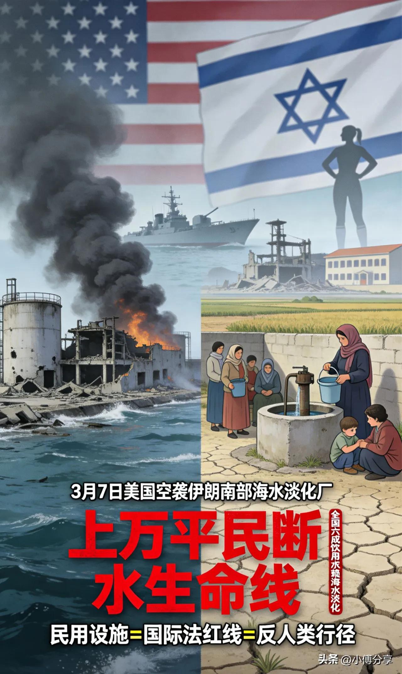 水淡化厂，炸断上万平民的活命水管，简直丧心病狂！
 
伊朗本就干旱缺水，六成以上