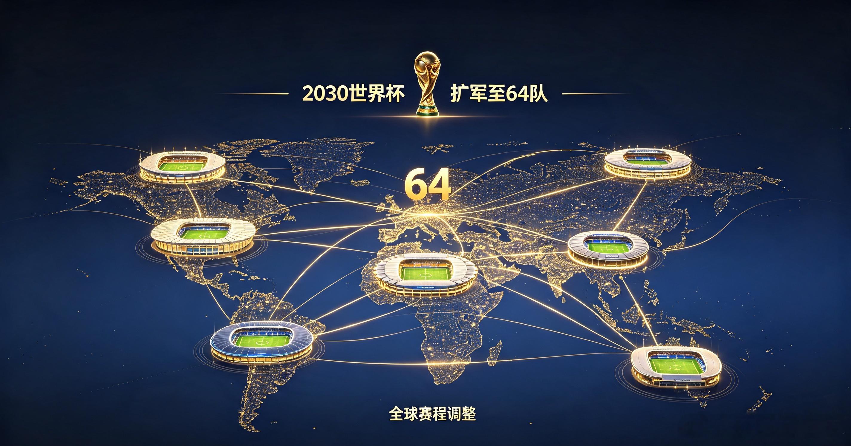 国际足联正式启动专项调研，评估2030世界杯扩军至64支球队的可行性；赛事规模若