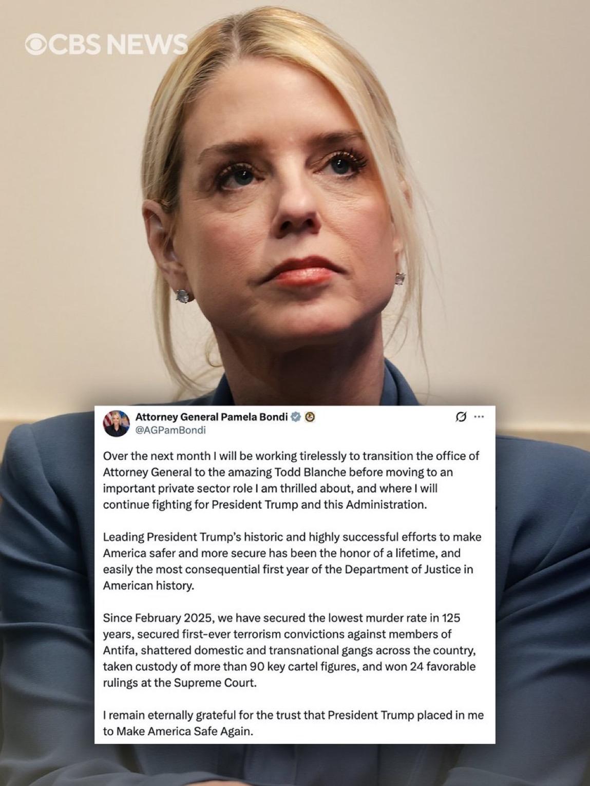 尽管被炒了鱿鱼，但还得装模装样表示感激

美国司法部长邦迪帖感谢川普：

“接下