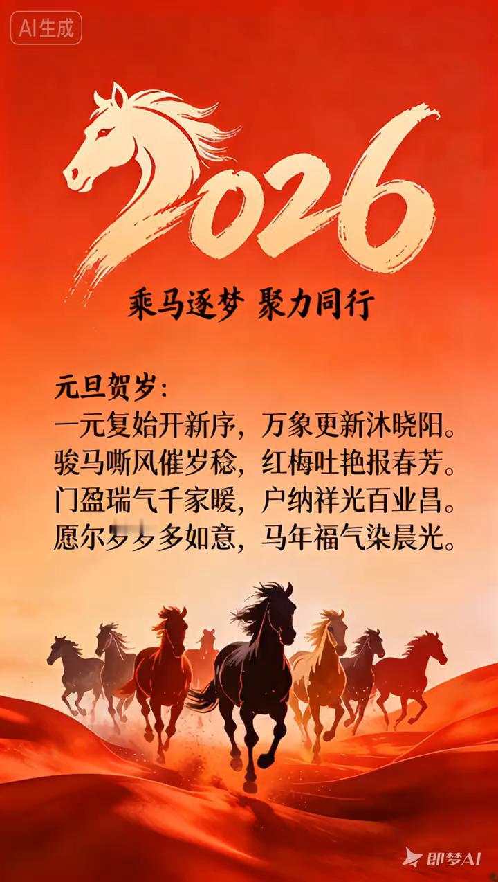 乘马逐梦，聚力同行。元旦贺岁：一元复始开新序，万象更新沐晓阳。骏马嘶风催岁稔，红