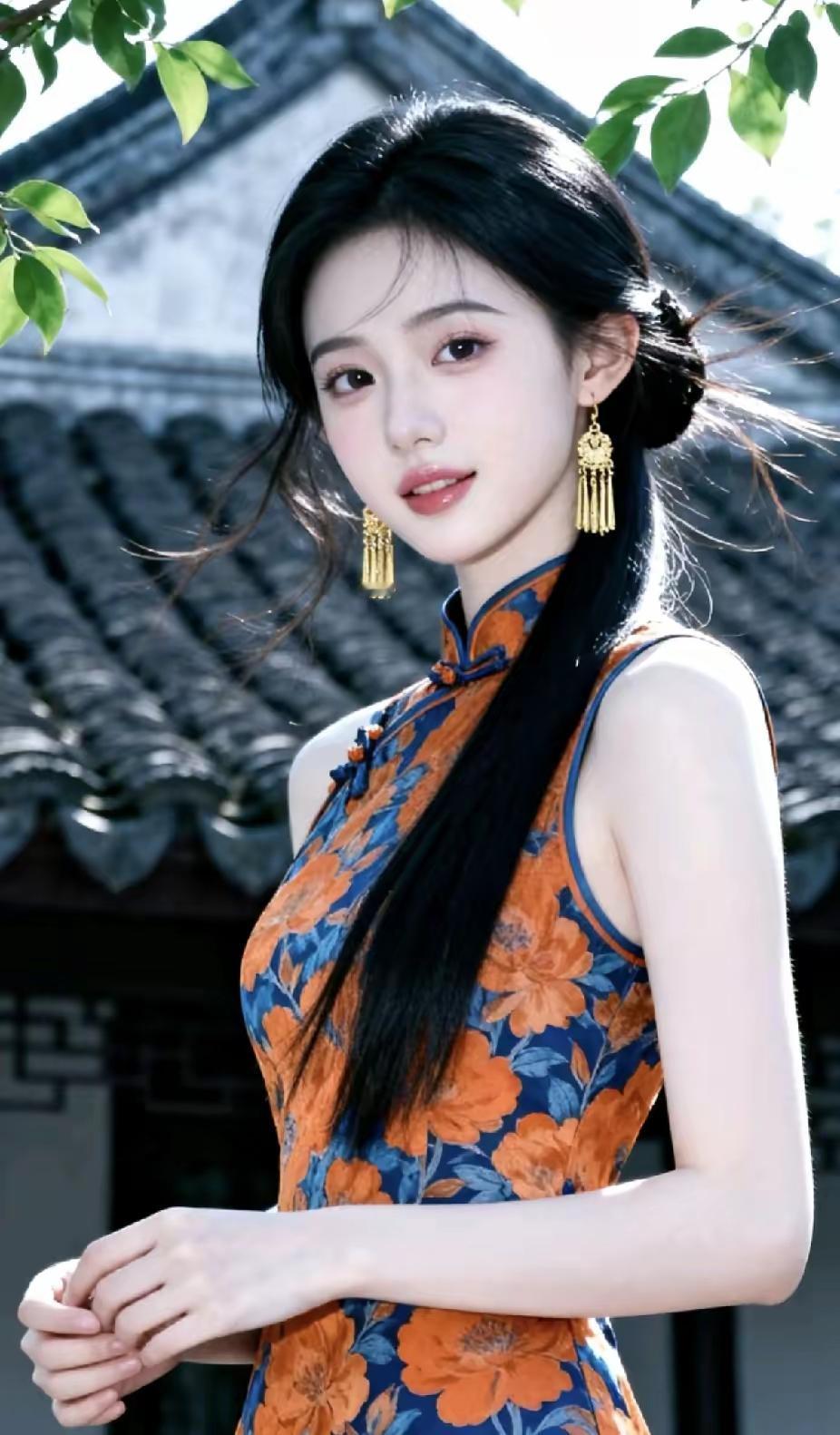 古典美人，古风韵韵，黑发飘逸，花枝招展。