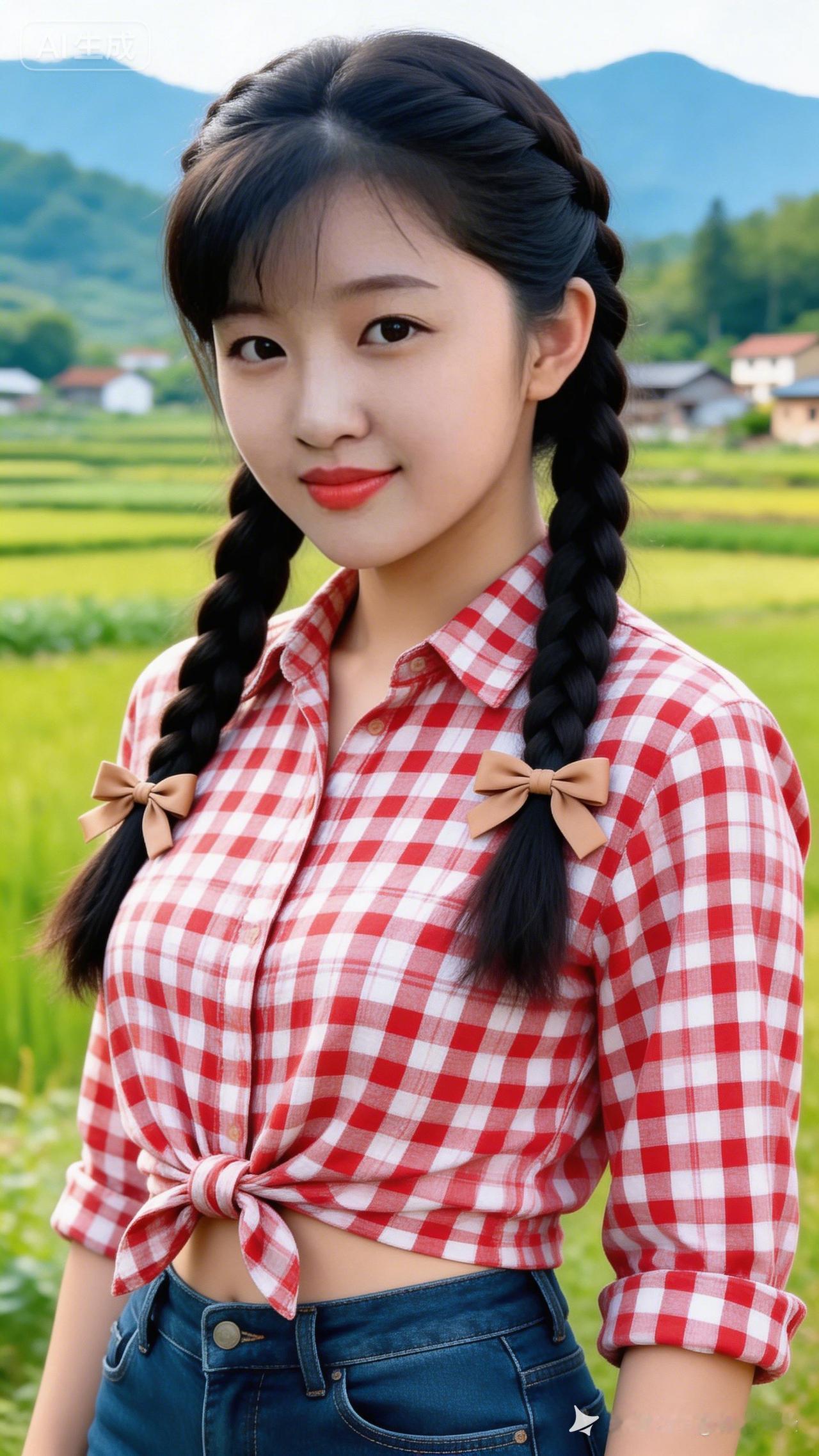 淳朴灵动乡村少女，双麻花辫缀浅棕蝴蝶结，身穿红格纹打结衬衫搭配深蓝牛仔裤。身姿挺