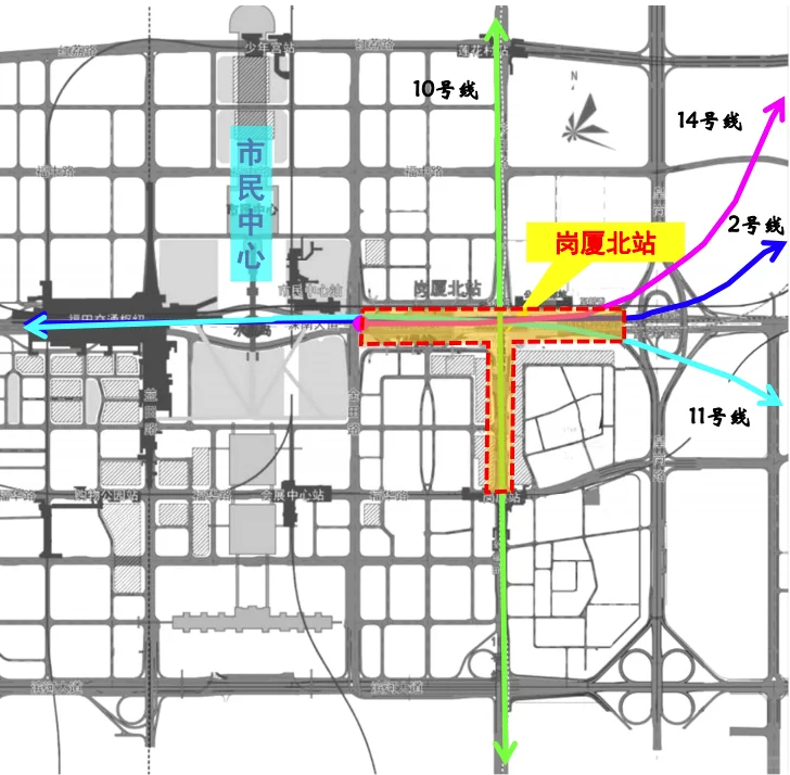 深圳岗厦北枢纽四线换乘平面示意图