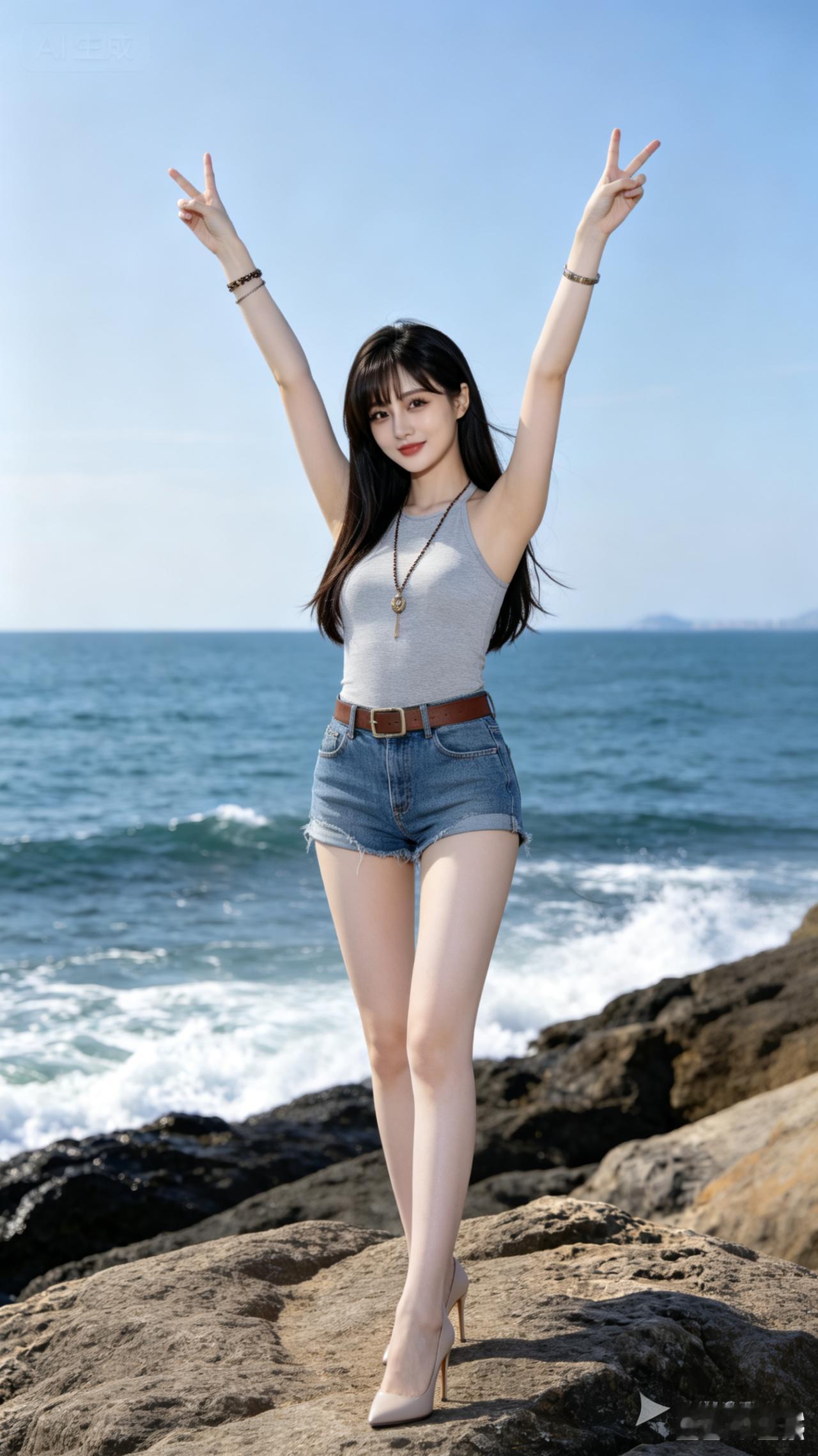 海边少女，夏日穿搭，轻松自在，享受阳光与海风