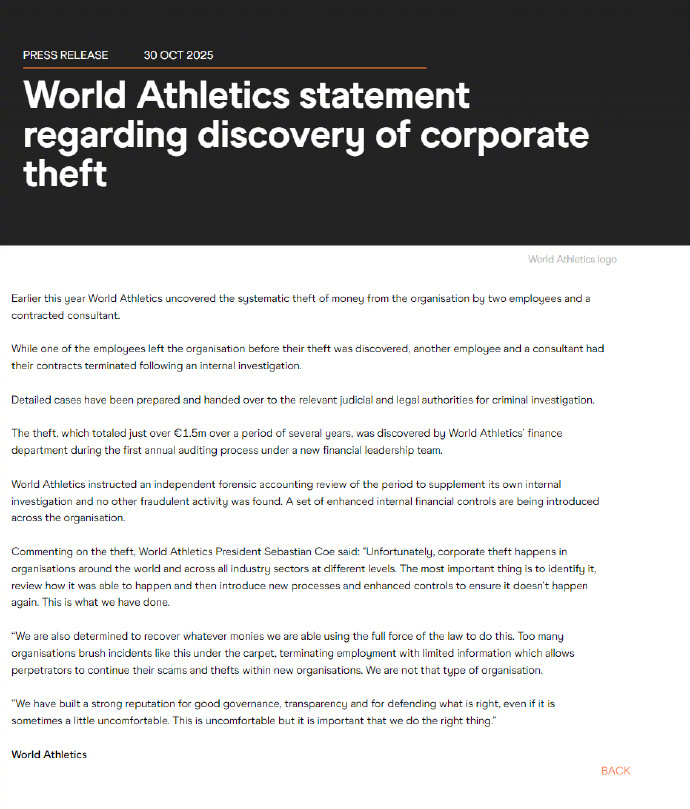 世界田联遭内贼窃取超150万欧 世界田联官网通报，两名雇员和一名签约顾问在数年时