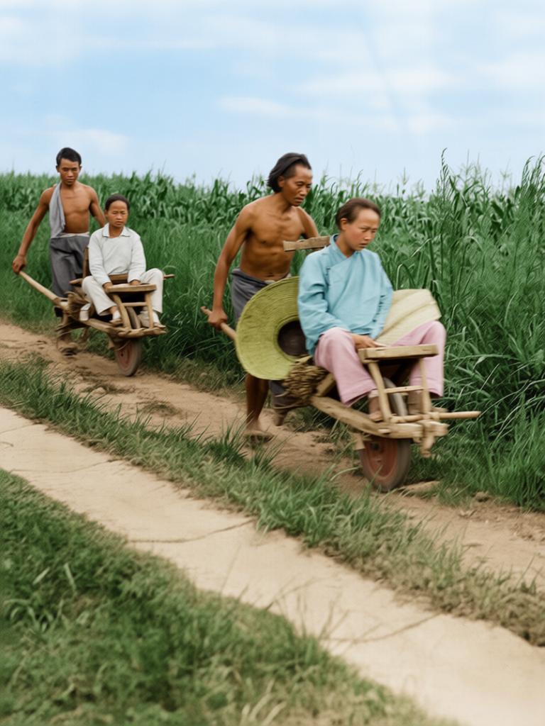 民国时期，四川，蜿蜒郊野土路，连片田亩为畔。两辆独轮木车依次前行，是旧中国乡村唯