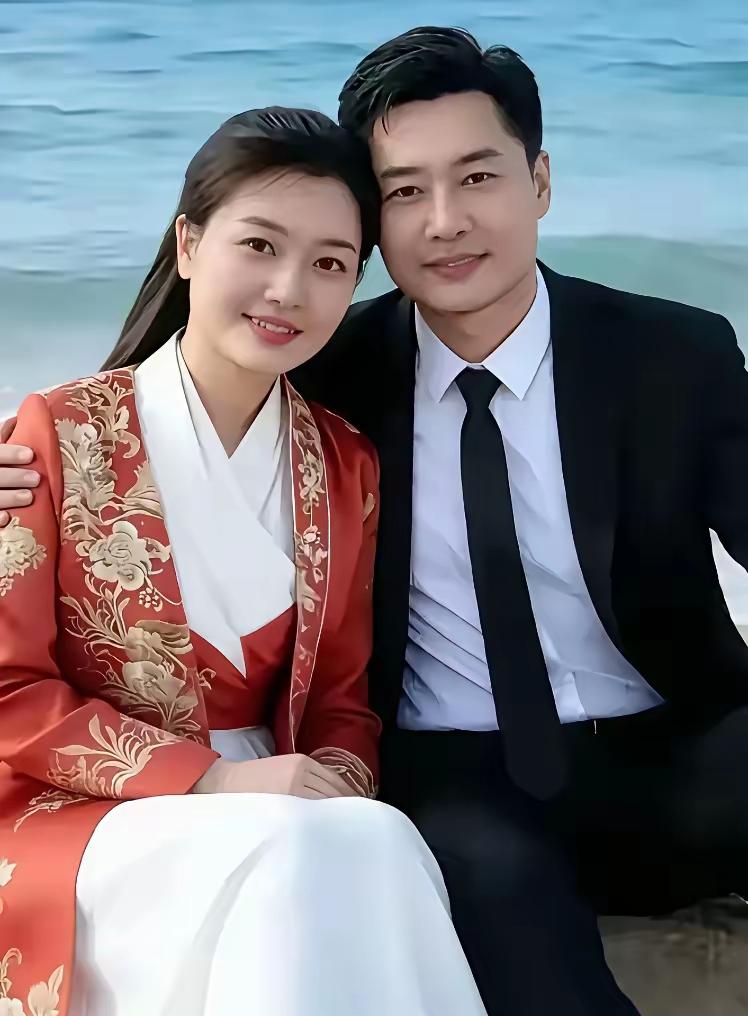 海边情侣甜蜜合影，红衣与黑西装相映成趣