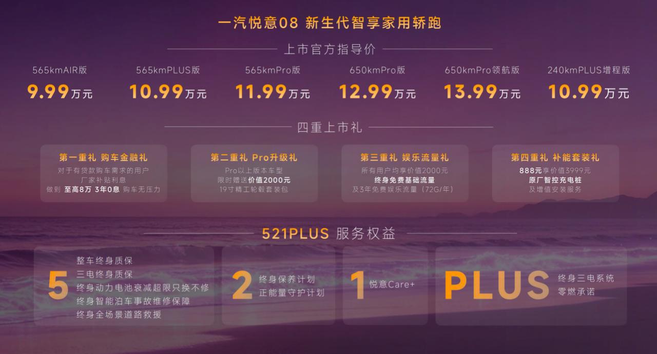 一汽悦意08正式上市，新车共推出增程版及565km、650km纯电版两种动力形式