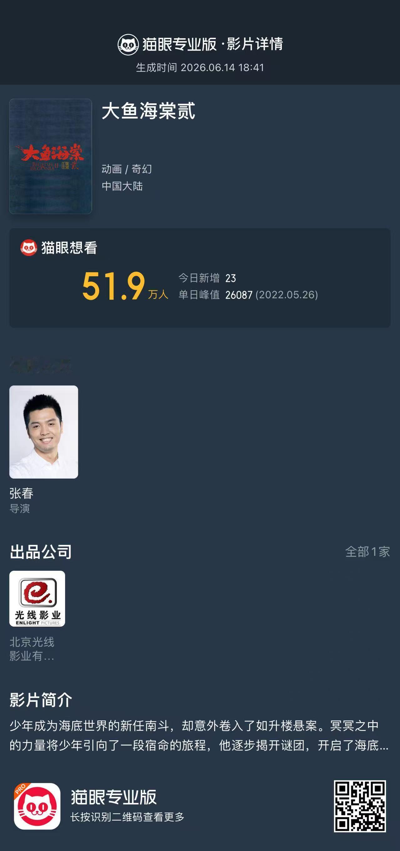 猫眼显示《大鱼海棠2》导演为张春，粱旋不再担任续集的导演。 
