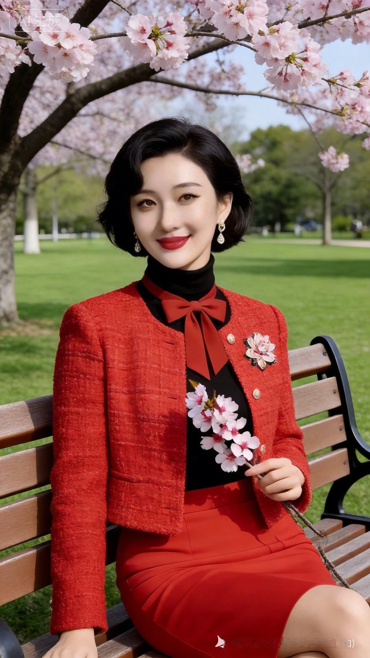 这位女士在公园长椅上坐着，穿着红色套装，手里拿着一枝樱花。