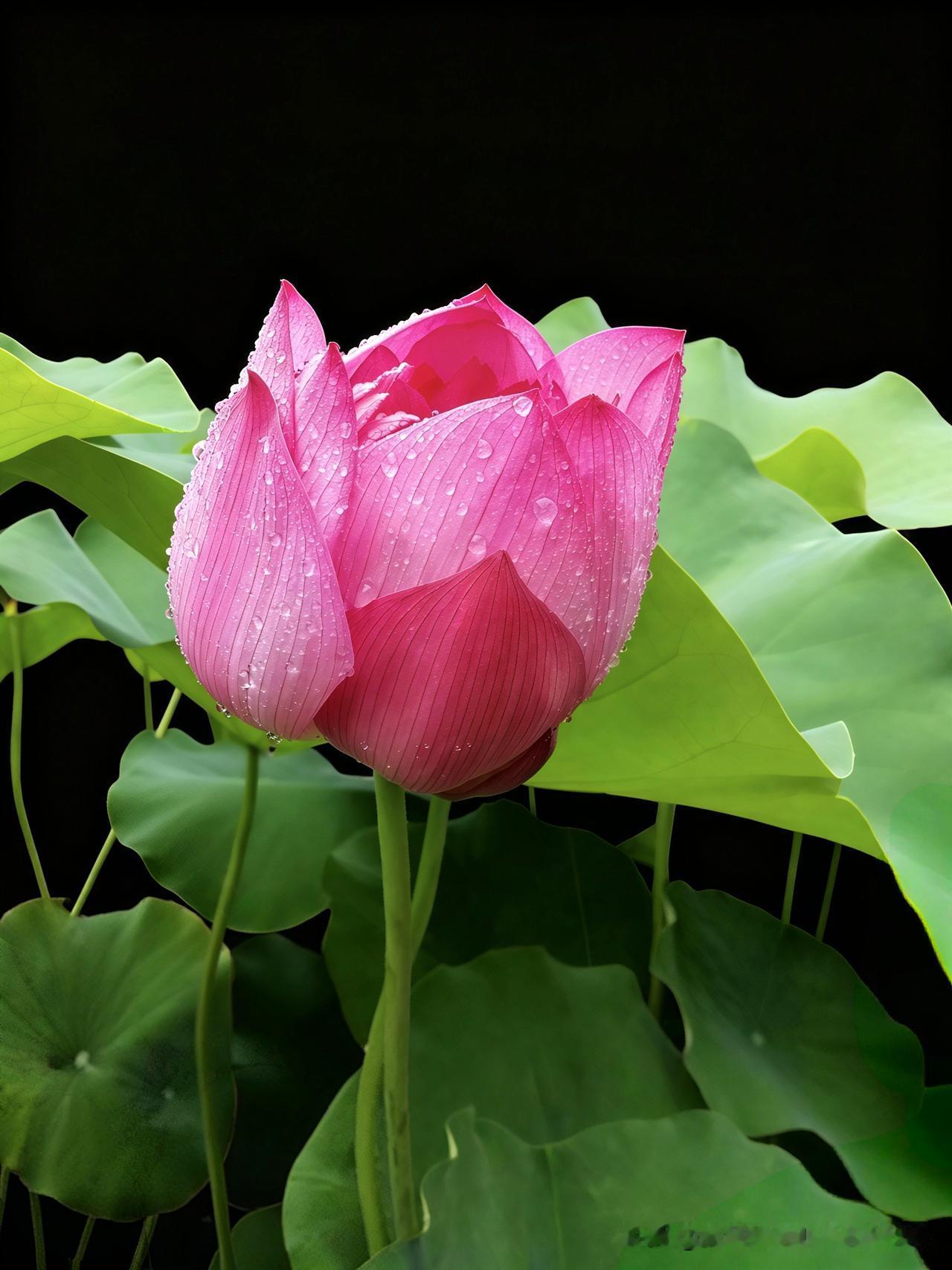 凝珠缀瓣染胭脂，静立幽池绝世姿。
不与群芳争艳色，一身清骨自矜持。