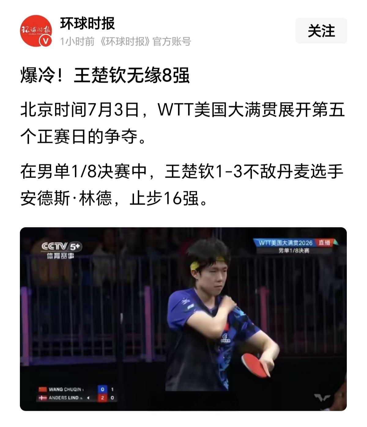 王楚钦作为队长，在WTT美国大满贯爆冷出局，无缘八强。
王楚钦其实可以退役了，2