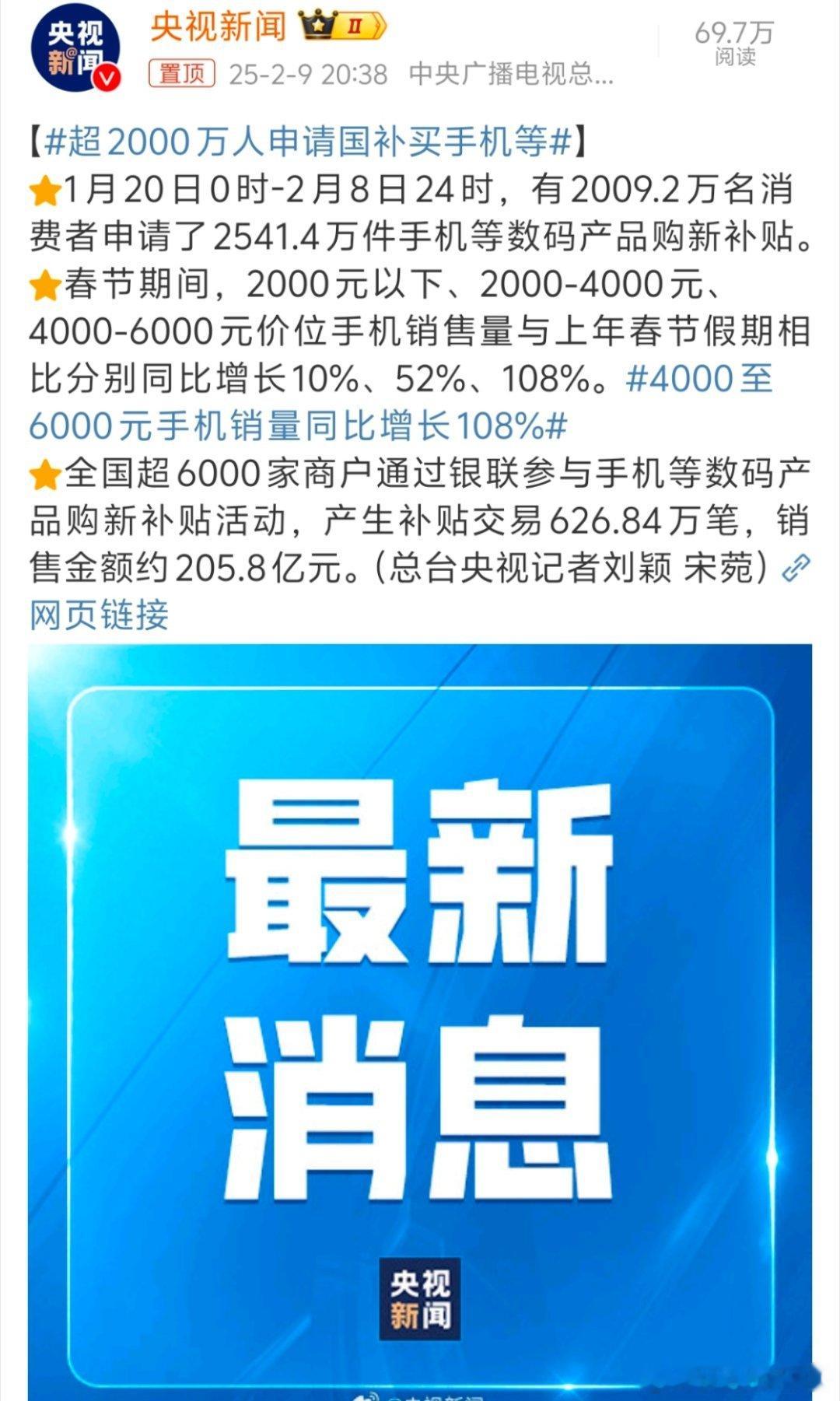 超2000万人申请国补买手机等 国补后当然好啊，谁不用谁傻呢？当然要薅这个羊毛了