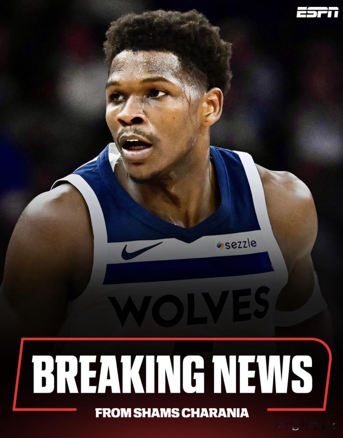 森林狼这下有点悬啊！名记Shams报道，爱德华兹右腿筋拉伤要伤缺两周。在和步行者