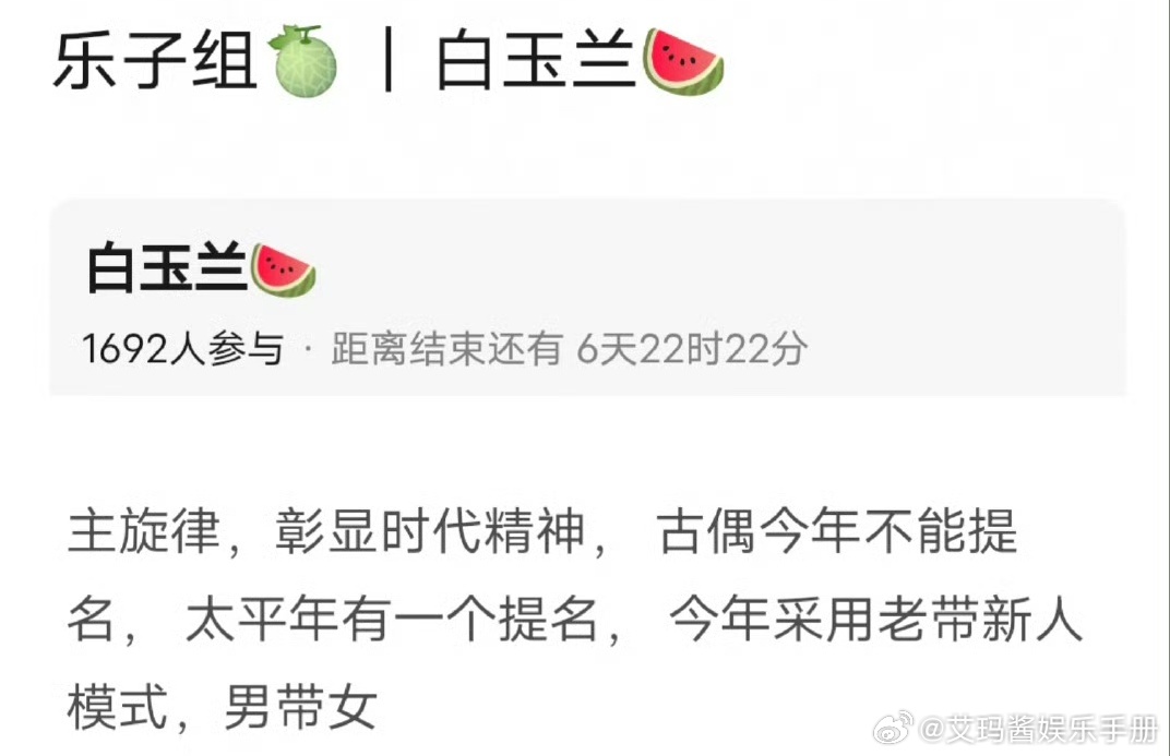 网传今年白玉兰采用老带新模式，最佳女主角会给没拿过奖的新人。不少网友纷纷提名于和