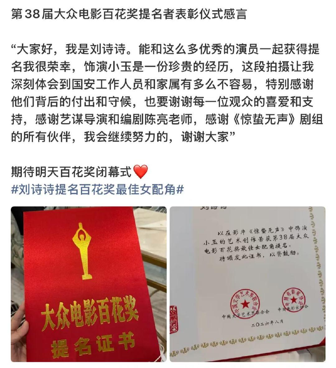 刘诗诗提名感言刘诗诗百花提名感言 刘诗诗提名感言 