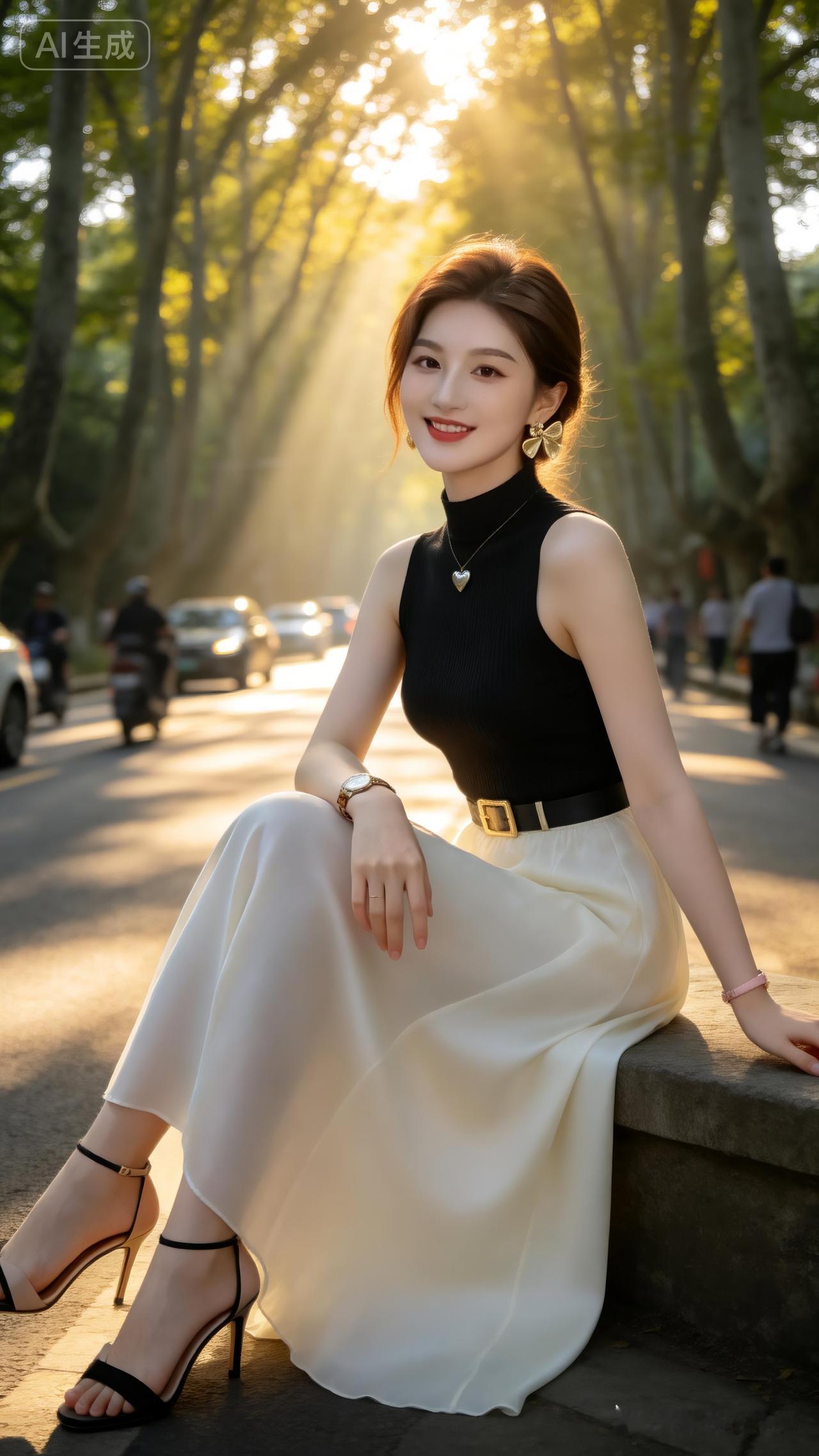 南京梧桐大道，盘发冷白美人一身高定时装，丁达尔光斑倾泻周身，动态朦胧光影叠加粗颗