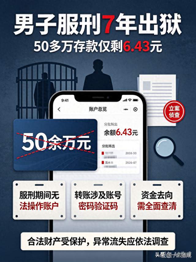 男子服刑7年出狱，50多万存款仅剩6.43元