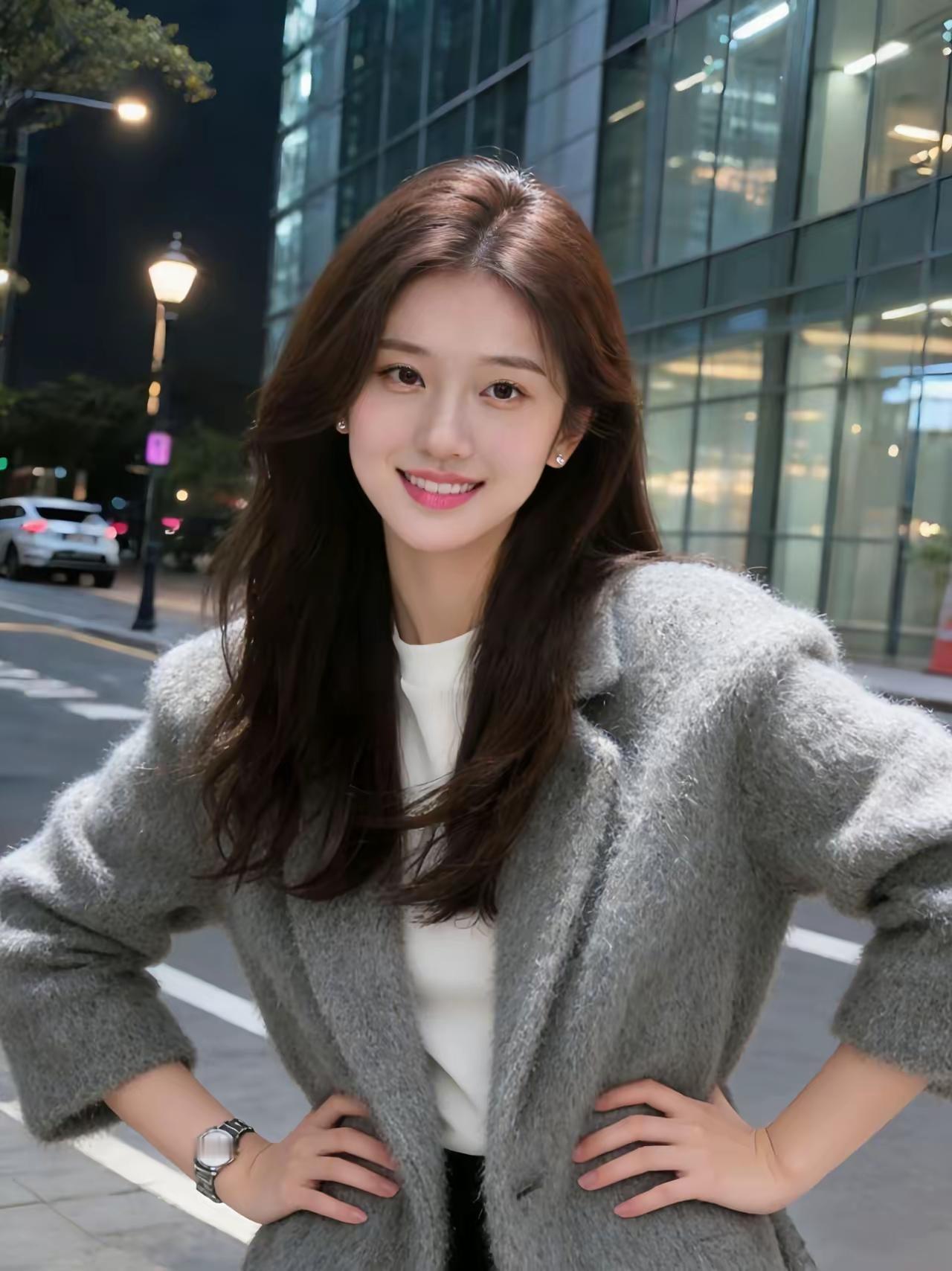 甜美笑容，毛茸茸外套搭配白色上衣，温柔又时尚！