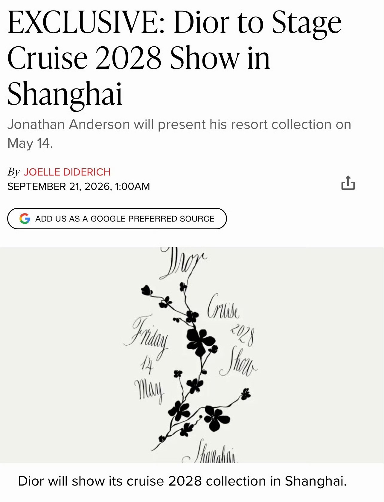 WWD 报道，Dior 宣布时装屋将于2027年5月14日在上海举办 2028 