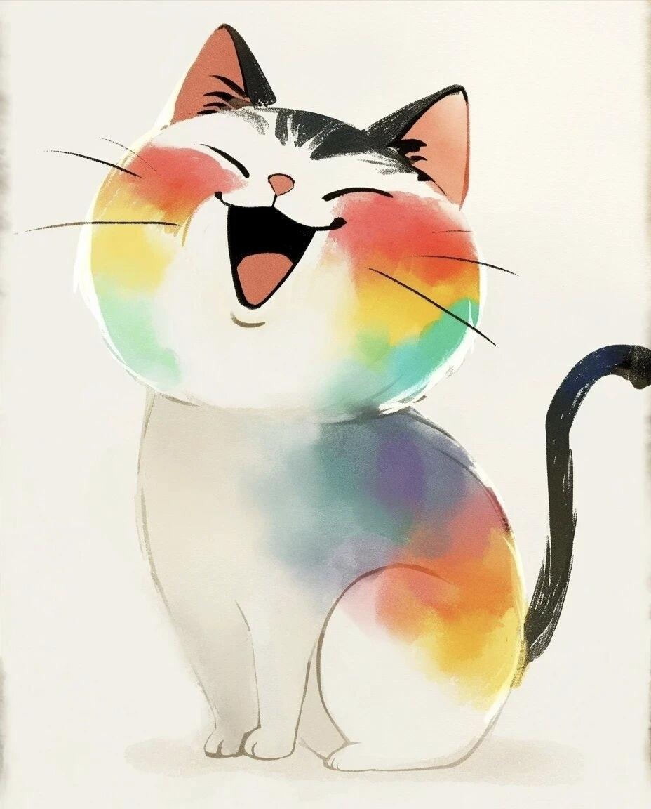彩虹猫🌈，笑得如此开心，治愈每一天！💖猫笑春风里，花香蜜蜂来。治愈之家的猫咪