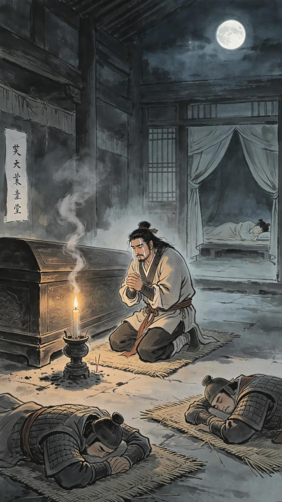武松守灵，真的是人类的悲欢并不相通。武松是哭得欲生欲死，当夜守灵时，他让迎儿睡房