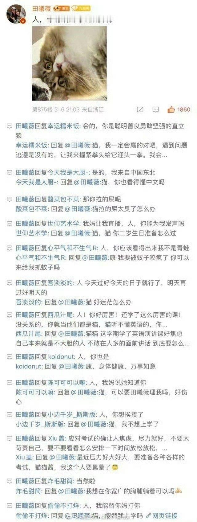 田曦薇猫猫客服在线回复真的特别可爱啊啊，对粉丝也超真诚 ​​​