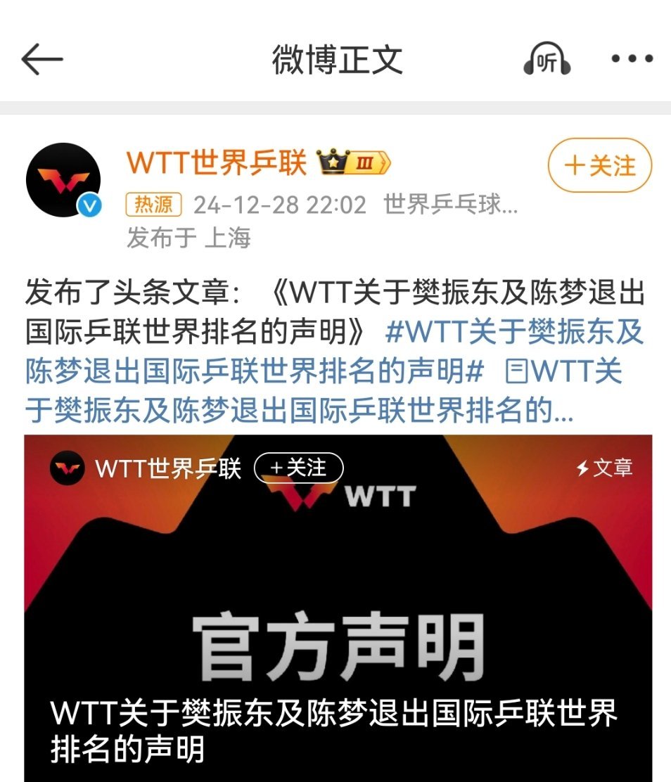 WTT回应樊振东陈梦退出世排   大人，你好大的官威呀！[doge][doge]