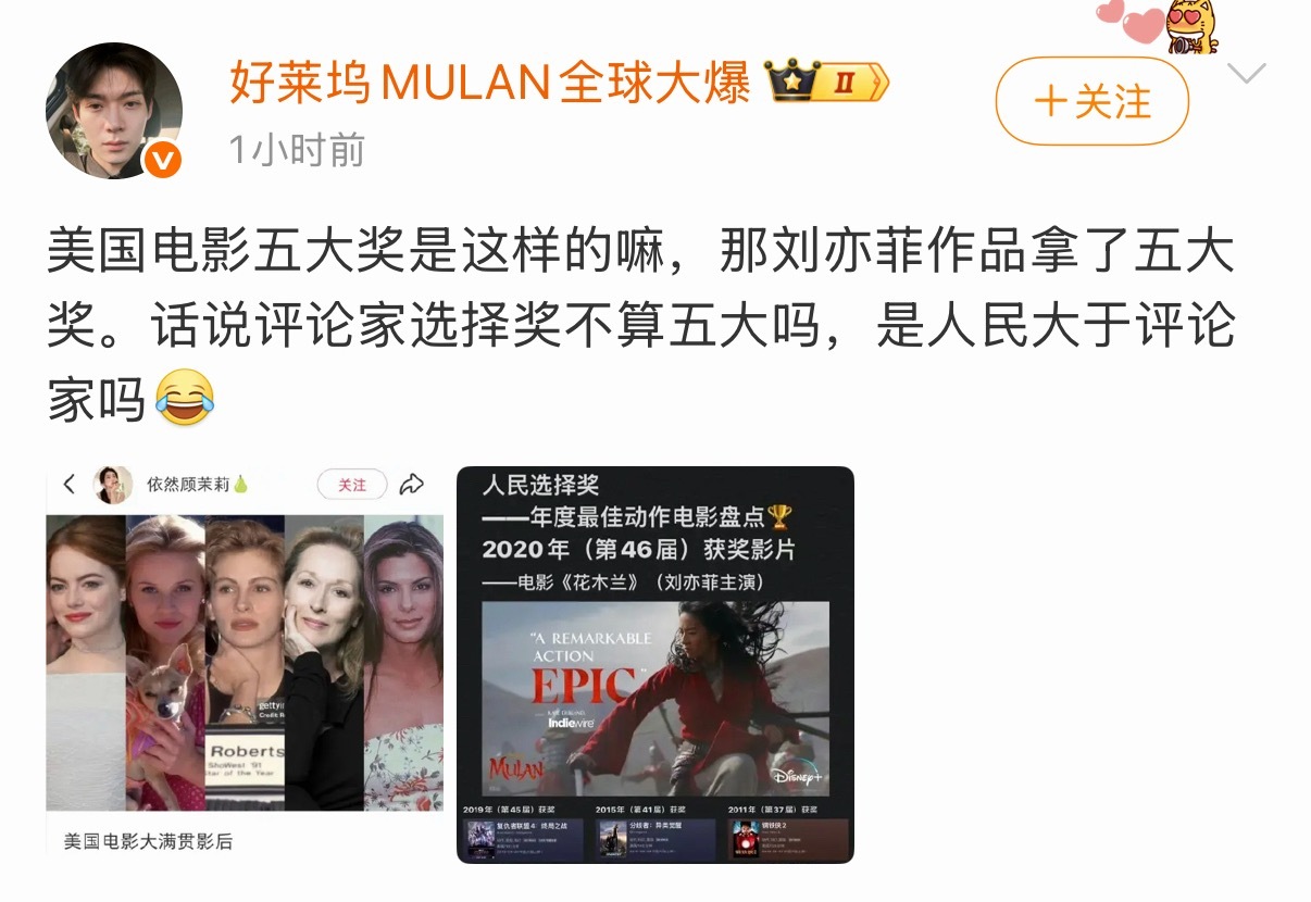 我线的北美主流奖竟然是假的 。花木兰提名的是评论家协会下面的“超级”选择奖 。 