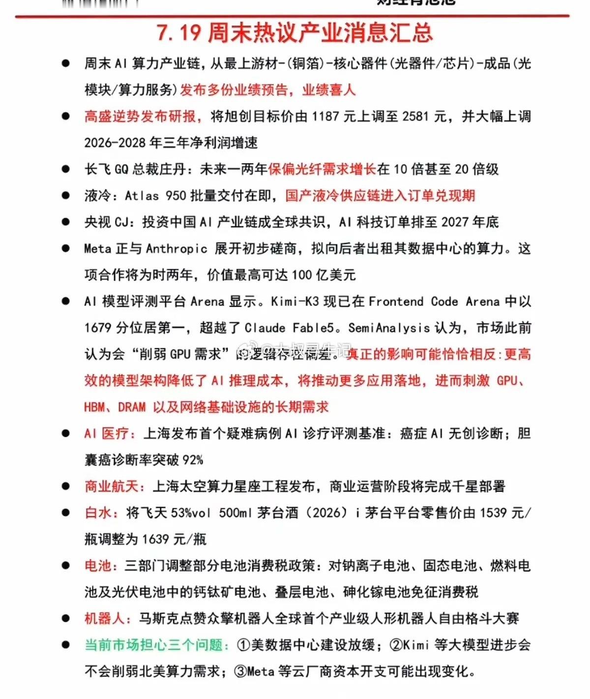 7.20周一  周末：财经热点+信息参考！1.太空算力2.保偏光纤3.白酒龙头涨