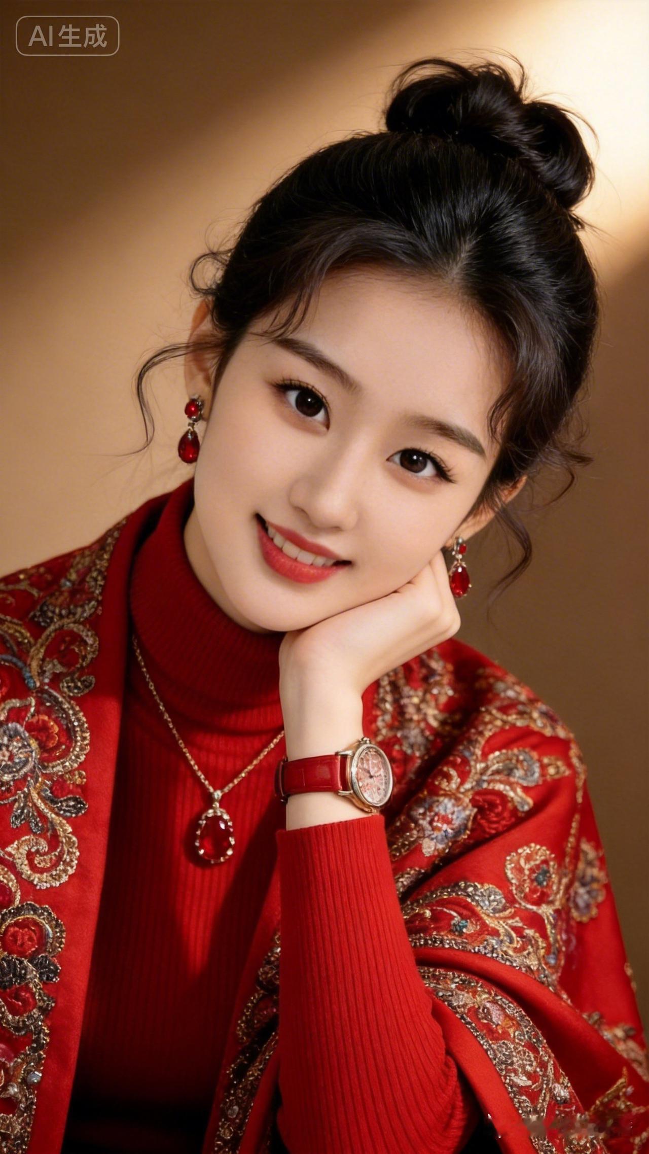 优雅红衣少女，甜美微笑，精致配饰，尽显东方韵味。