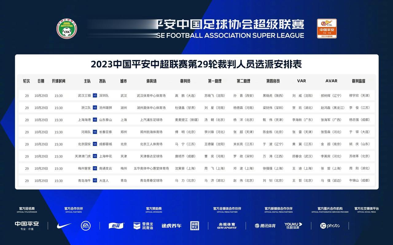 名哨执法天王山之战，中超官方今日公布第29轮裁判安排！转播计划表公布！

10月