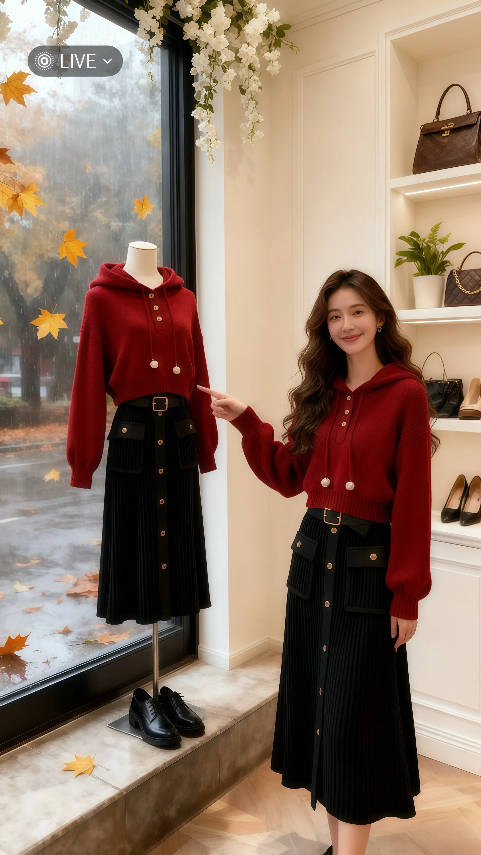 她穿着秋季新款时尚连帽卫衣两件套，红色卫衣的连帽设计俏皮又减龄，黑色半...