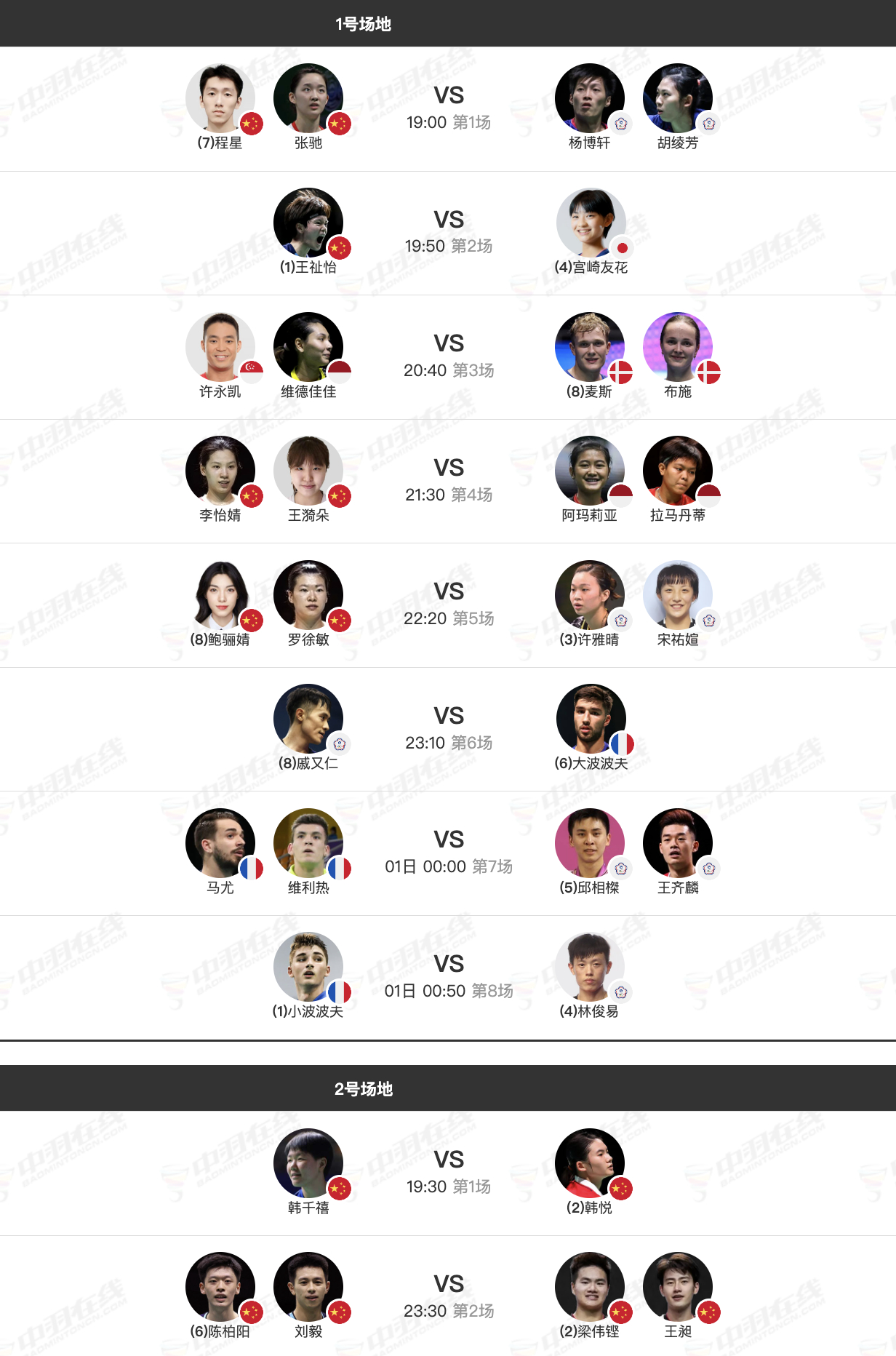 2026年德国羽毛球公开赛 2月28日各单项半决赛赛程，晚上19点开赛：【1号场