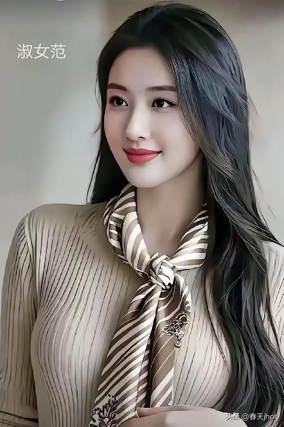 这位女士穿着条纹衬衫，气质优雅。