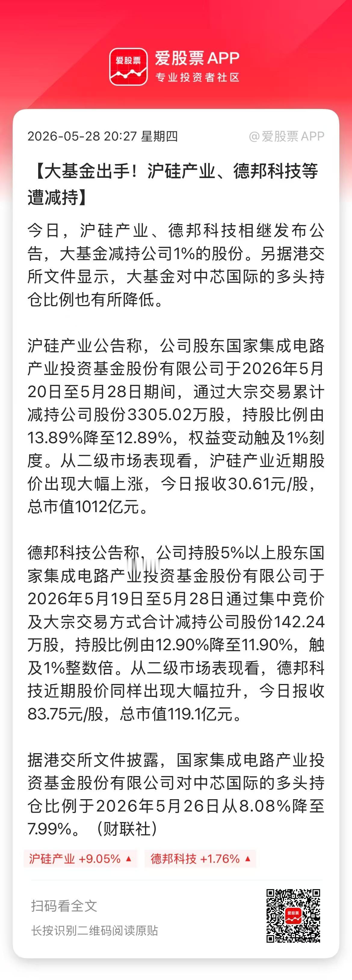 今晚多家半导体公告，国家大基金减持了公司的股份！

1、沪硅产业：股东大基金持股