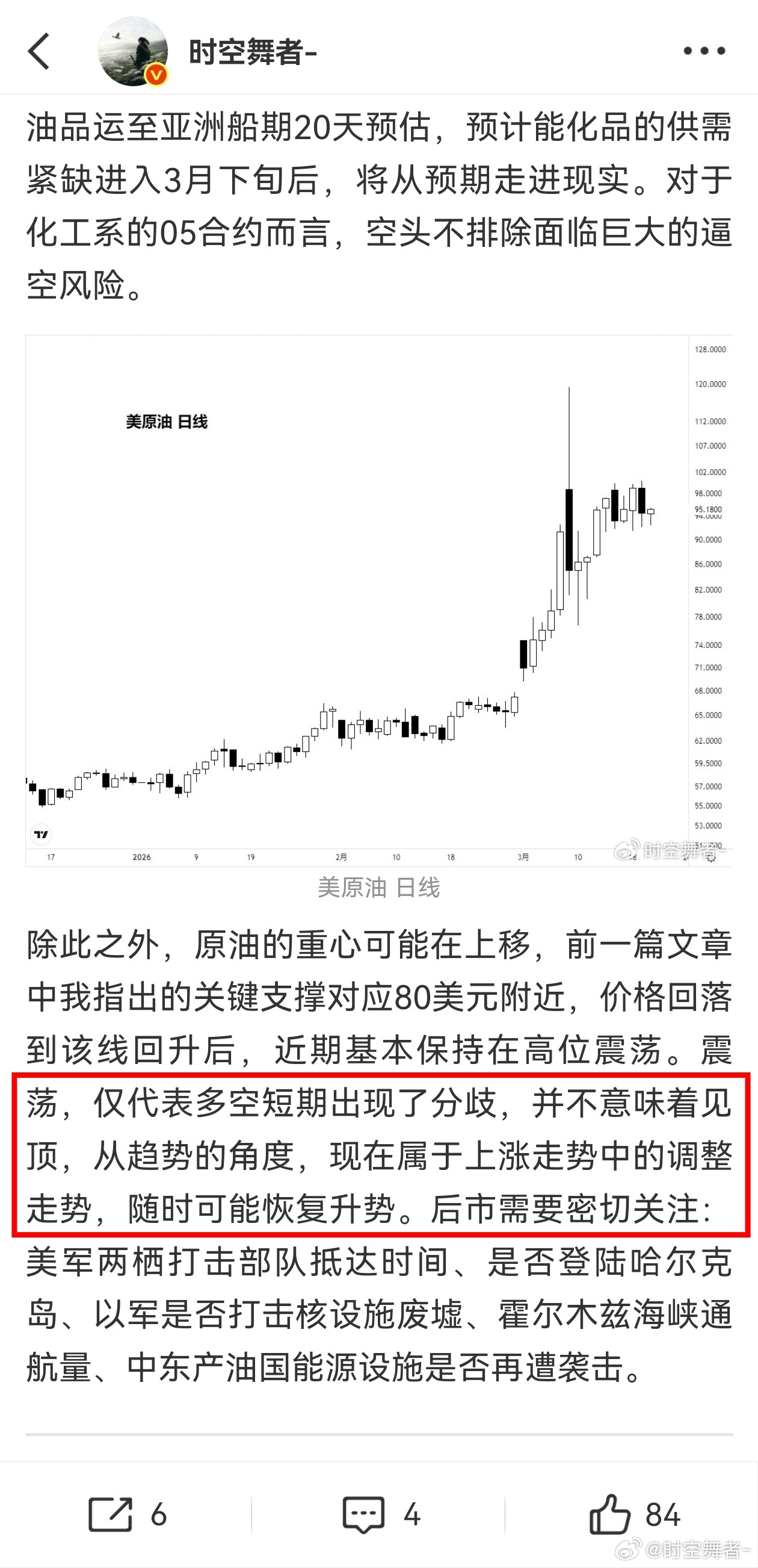 油价突然飙升昨天的总结今天得加上一条：原油的大框架也在逐步兑现。期货