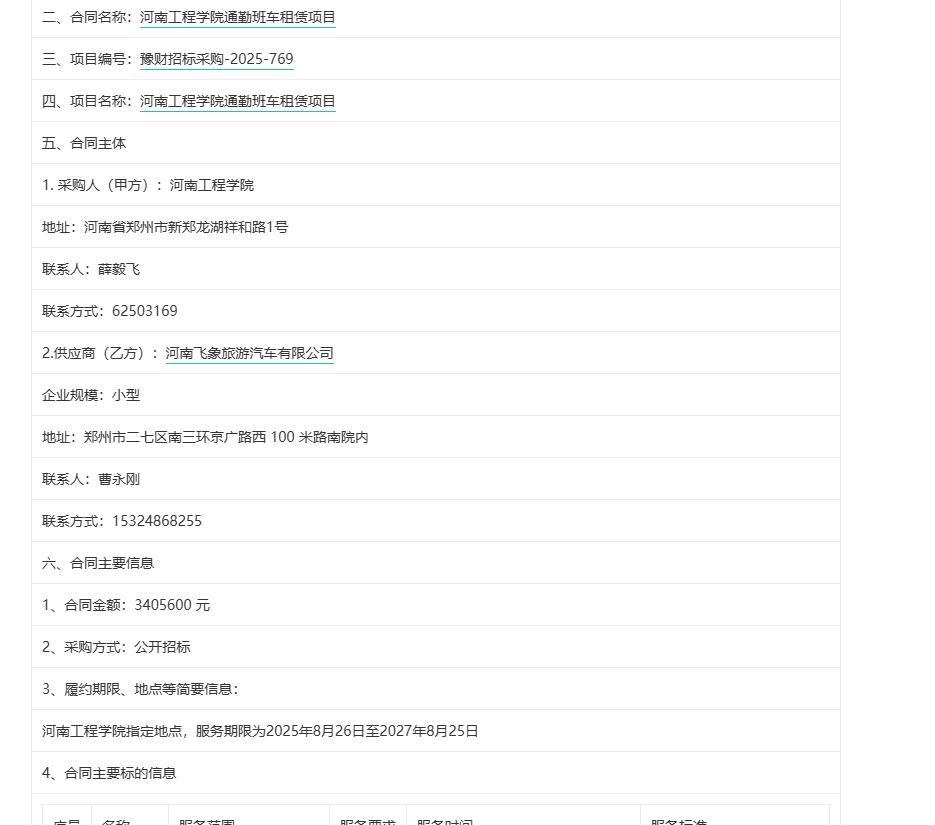 城市观察员河南工程学院通勤班车租赁项目，金额340.56万元