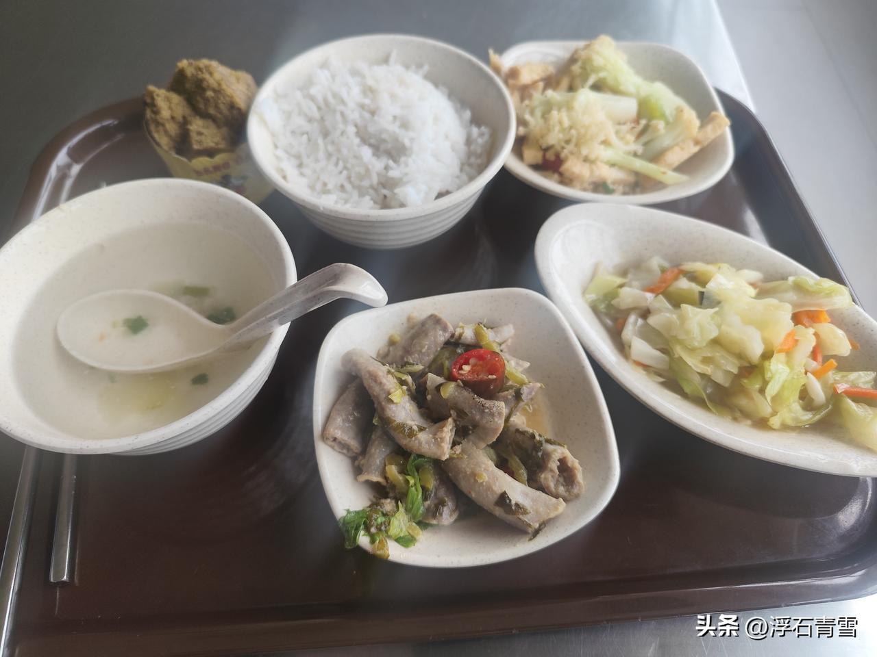 这是我们公司的午餐，一荤两素，小蛋糕是节目加餐，平时没有，员工上班期间用餐免费。