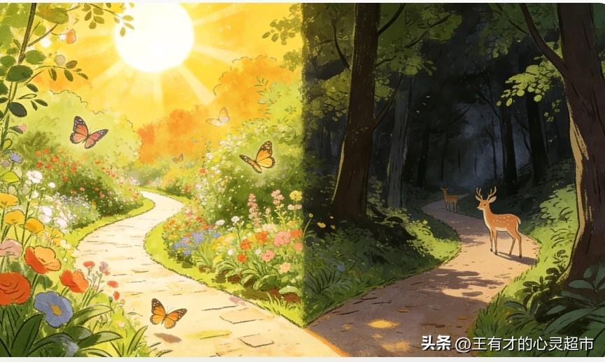 分享心理测试题心理测试题目：下面图片里有两条林间小路，左边是阳光明媚、繁花蝴蝶相
