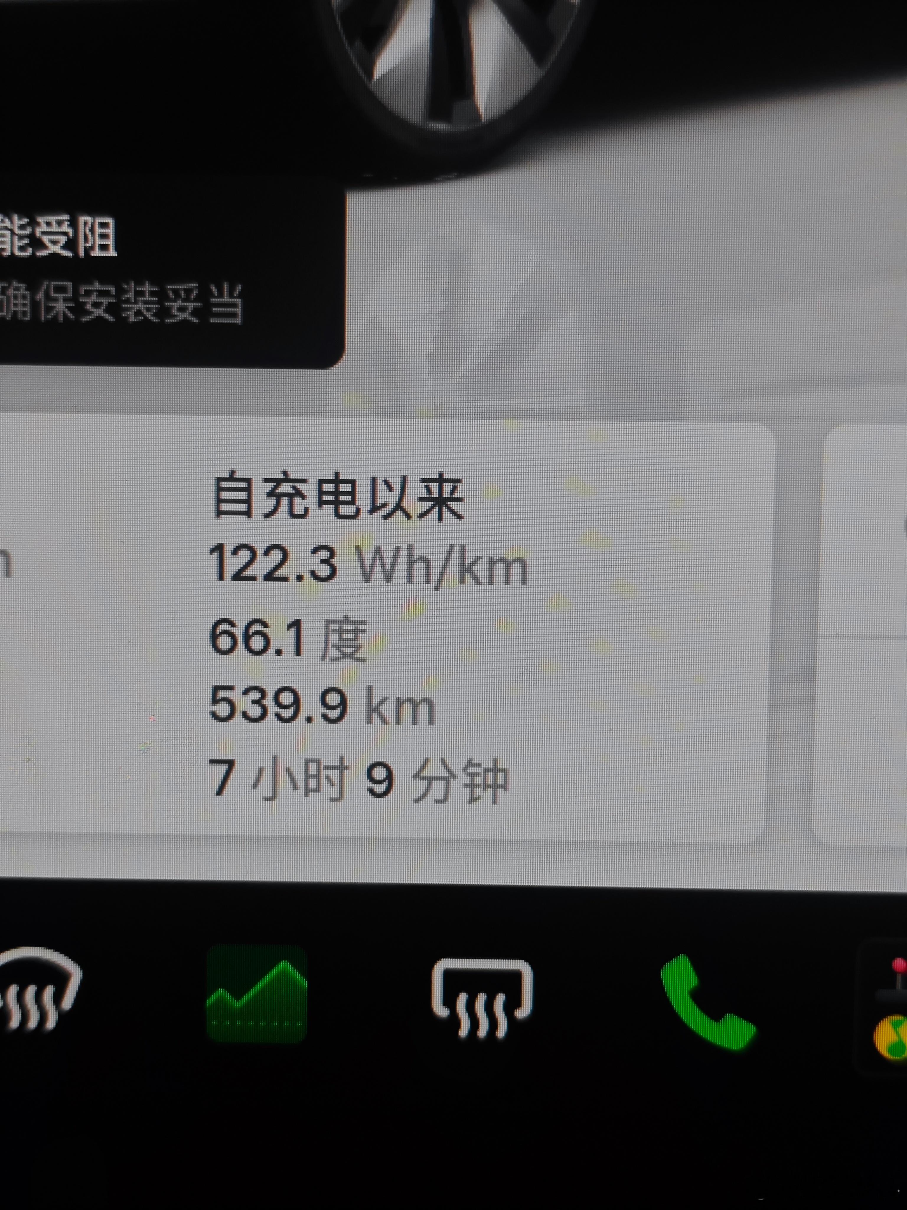 开封到西安，539.9km，耗电66.1度，电耗122.3Wh/km。快到时提示