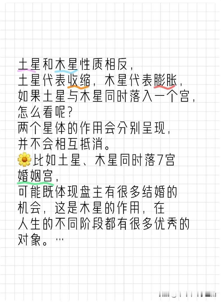 
土星和木星性质相反，
土星代表收缩，木星代表膨胀，
如果土星与木星同时落入一个
