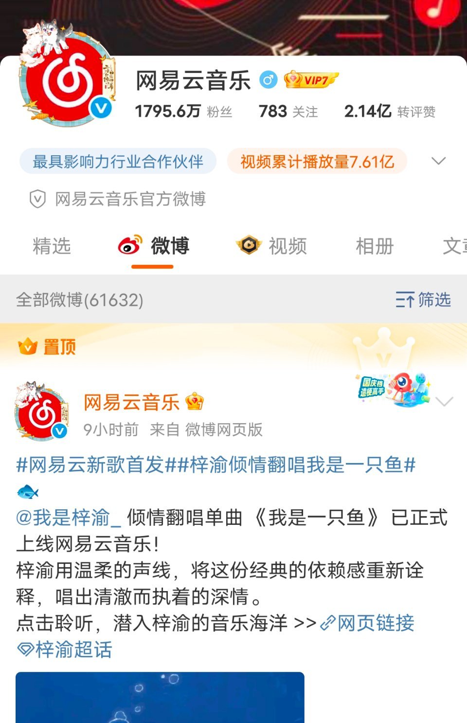 网易云置顶，新浪音乐文案评：“水里的空气是你，正如他与粉丝，彼此依赖才得以舒展光